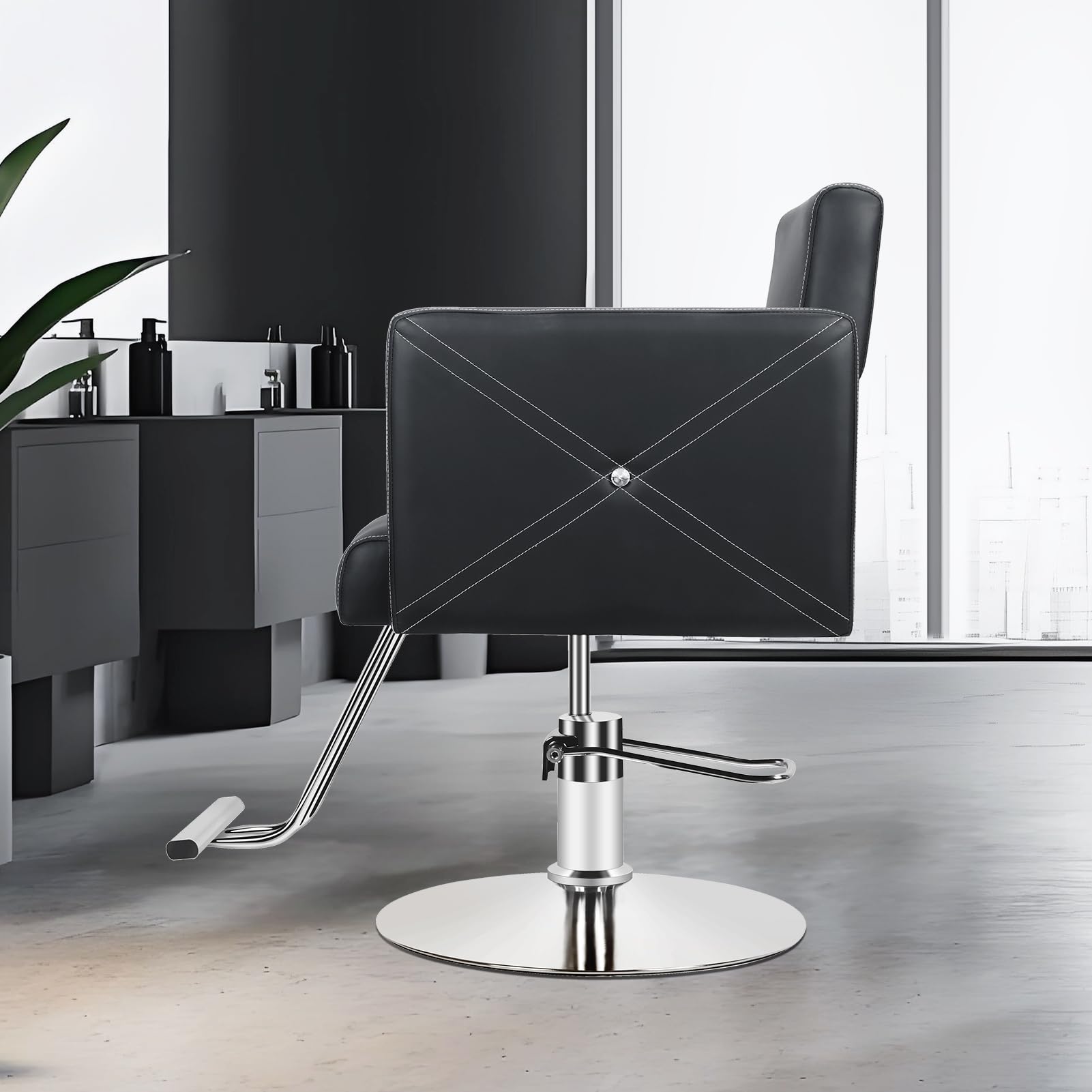 Friseurstuhl Hydraulisch 150 Kg Belastbarkeit, Barberstuhl Höhenverstellbar 360° Drehbar, Salonstuhl Mit Ergonomischer Rückenlehne Kunstleder Gepolstert Für Friseur Tattoo Pediküre Schwarz