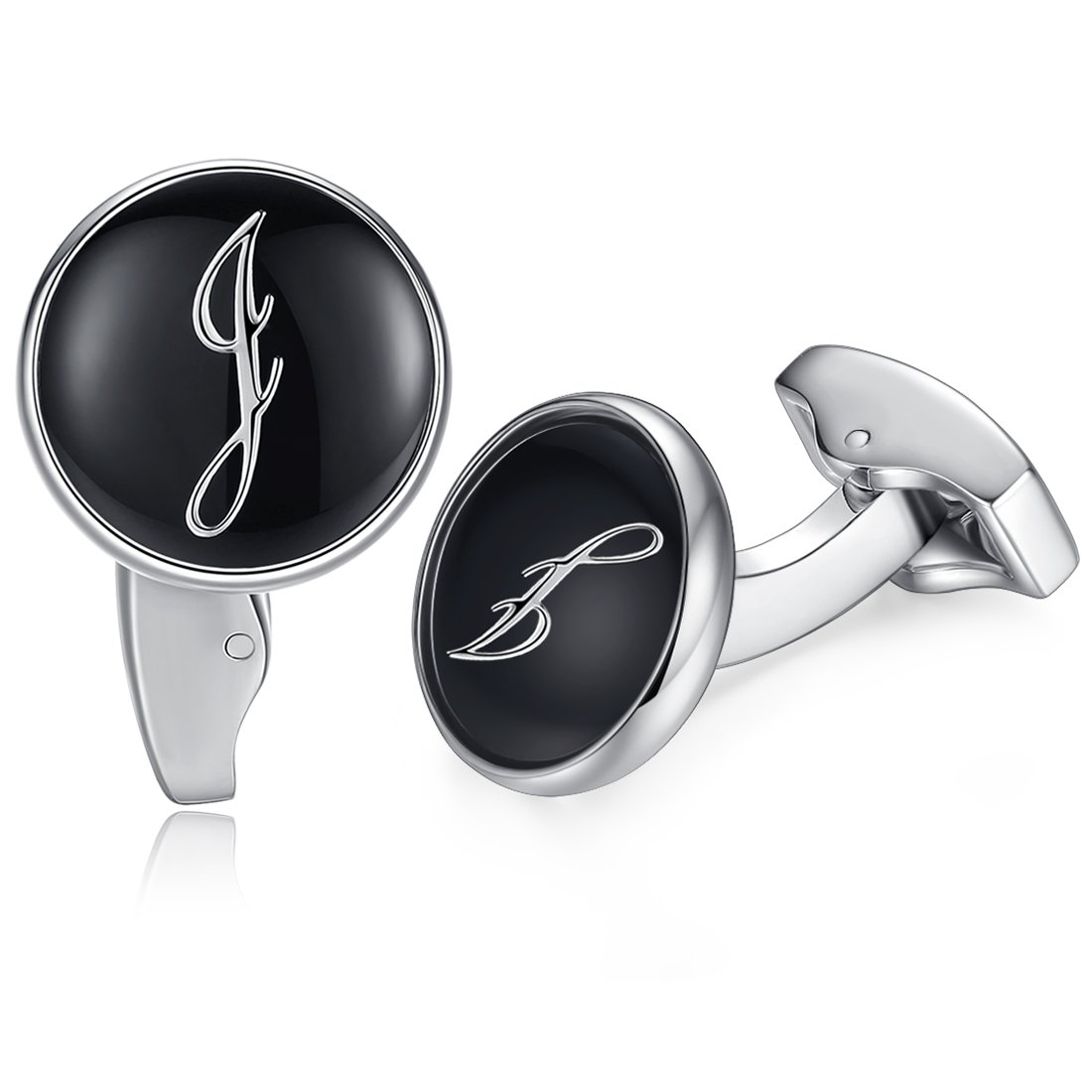 HONEY BEARInitial Alphabet Letter Cufflinks for Men, Black Round Shape Stainless Steel Wedding Business Cufflinks A to Z