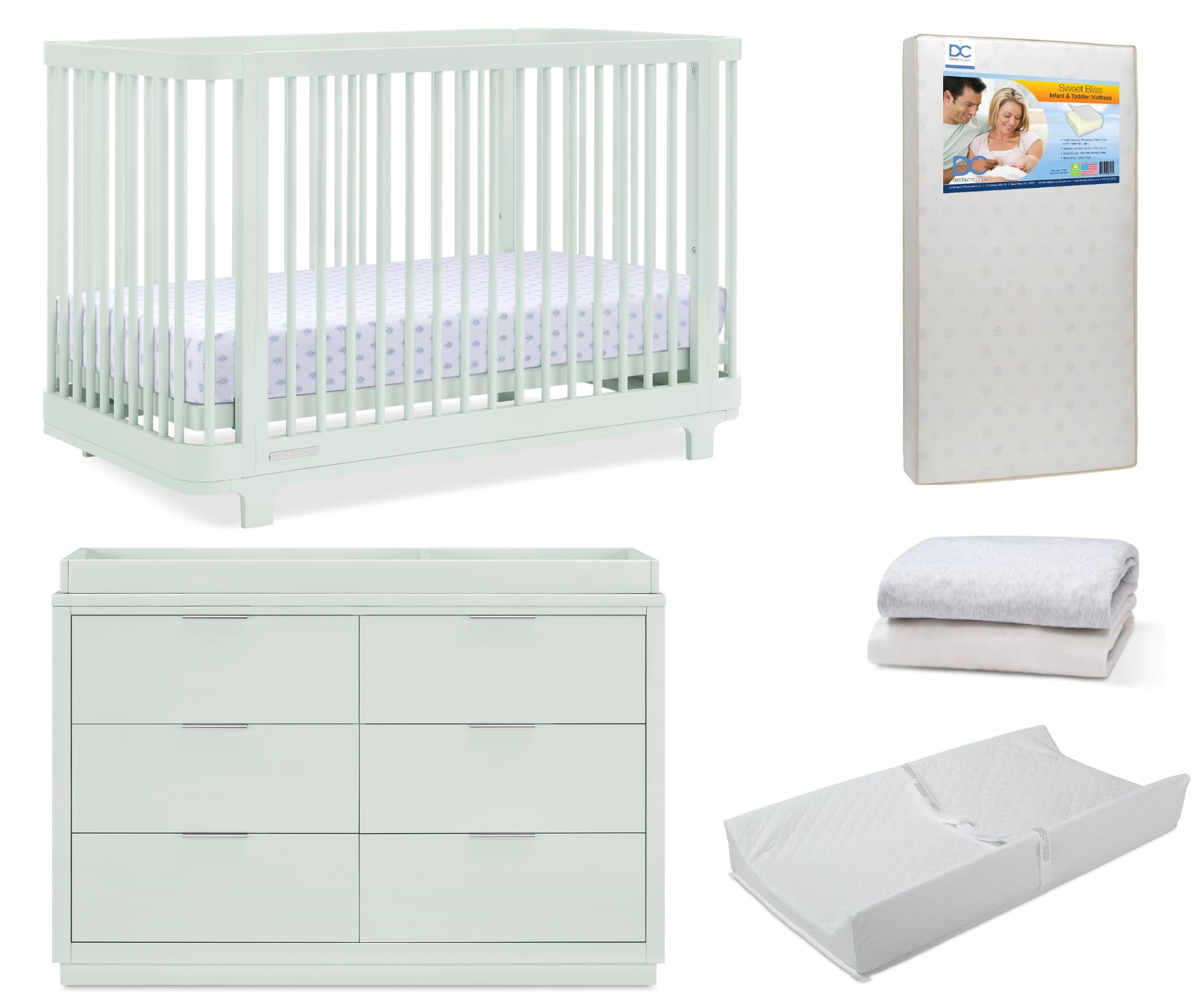 Delta Children Nest Crib 6-Piece Baby Nursery Furniture Set–Includes: Convertible Crib, Dresser, Changing Top, Mattress, Fitted Sheets & Changing Pad, Light Sage