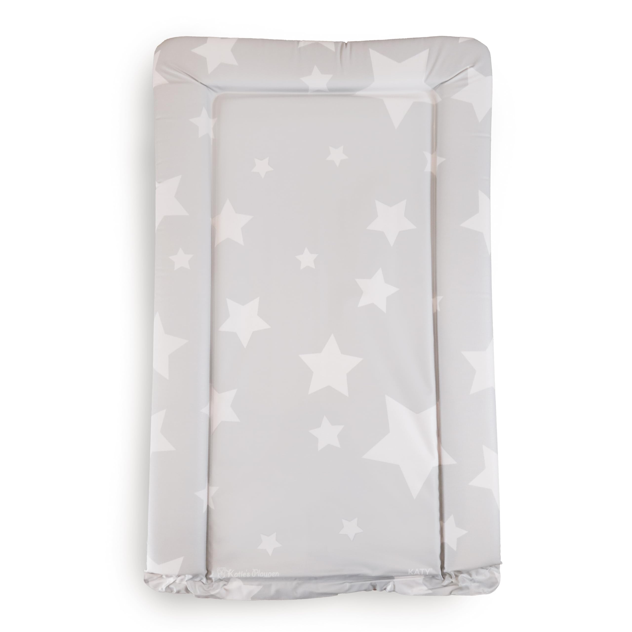 KATY Deluxe Baby - Cambiador unisex impermeable con bordes elevados, color gris claro con diseño de estrellas blancas