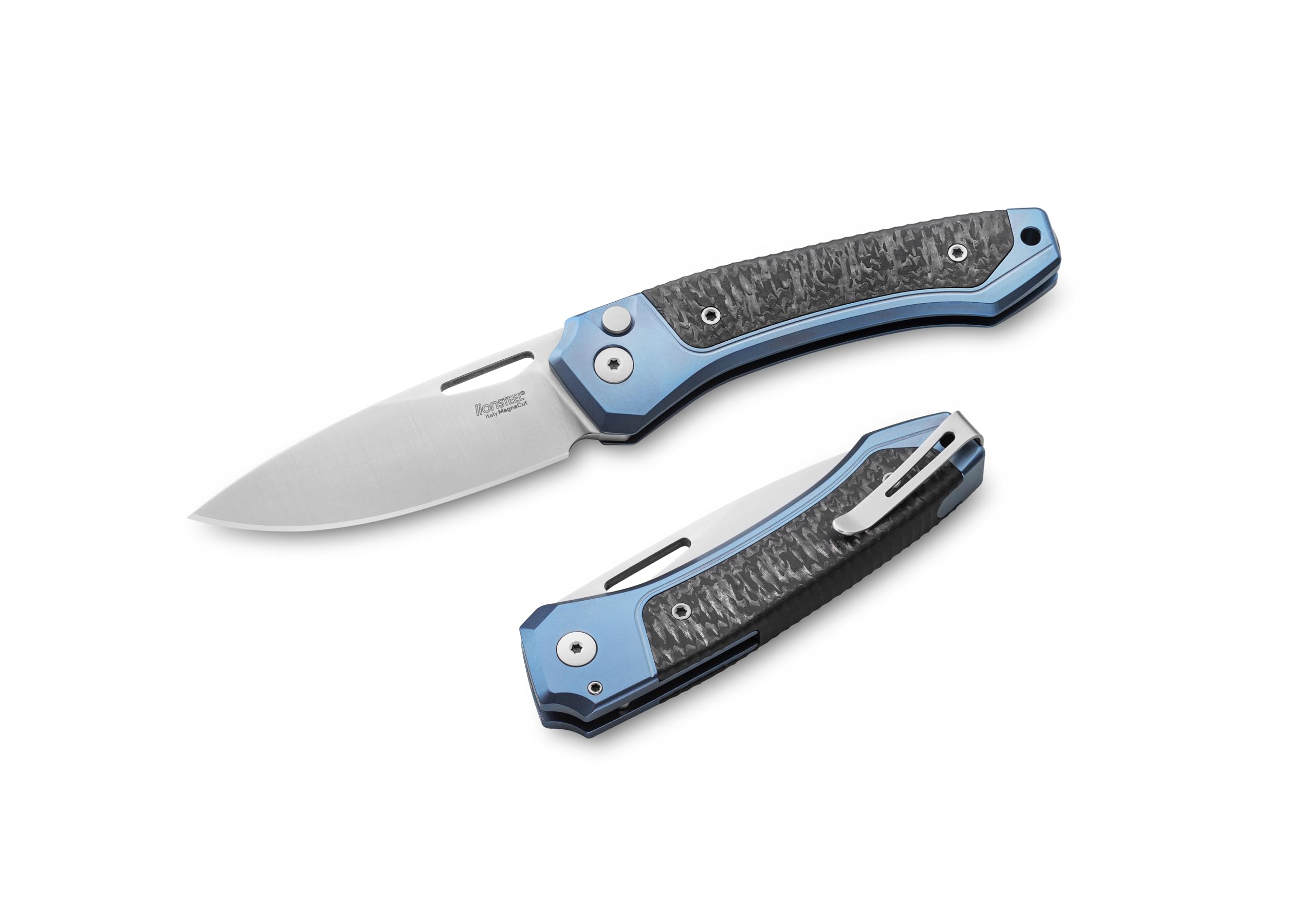LionSteel Twain Double Integral, Folding Knife with Magnacut Steel Blade, Made in Italy (Blue Titanium, CF Inlay)