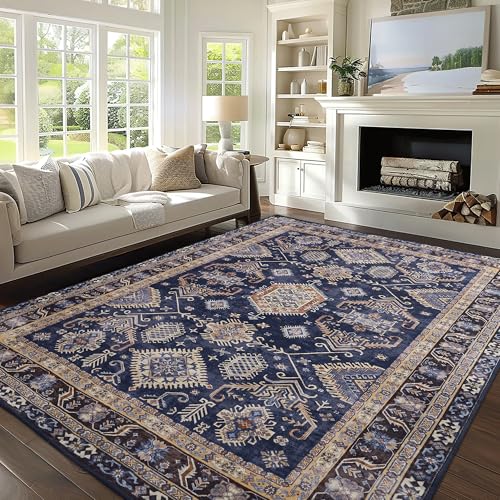 NICETOWN Living Room Rugs 5x7, Thin Washable Rugs Vintage Non-Slip Area Rugs for Bedroom, Durable Soft Large Rugs for Dining Room Living Room Laundry, Faux Wool Fabric and Rubber Backing, Navy Blue