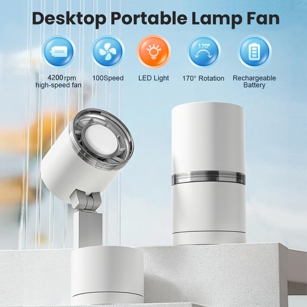 UN UNITEDTIME Portable fan- Battery Operated Fan - 100 Speeds- LED Lighting- Table fans for Outdoor, Camping, Tent, Travel, Bedroom, Cruise RV (White)