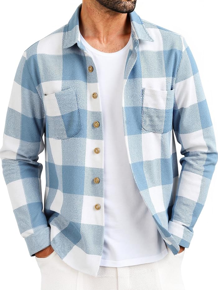 ZAFUL Men’s Wool Blend Shirt – Plaid Button Up Shirt Jacket with Double Chest Pockets