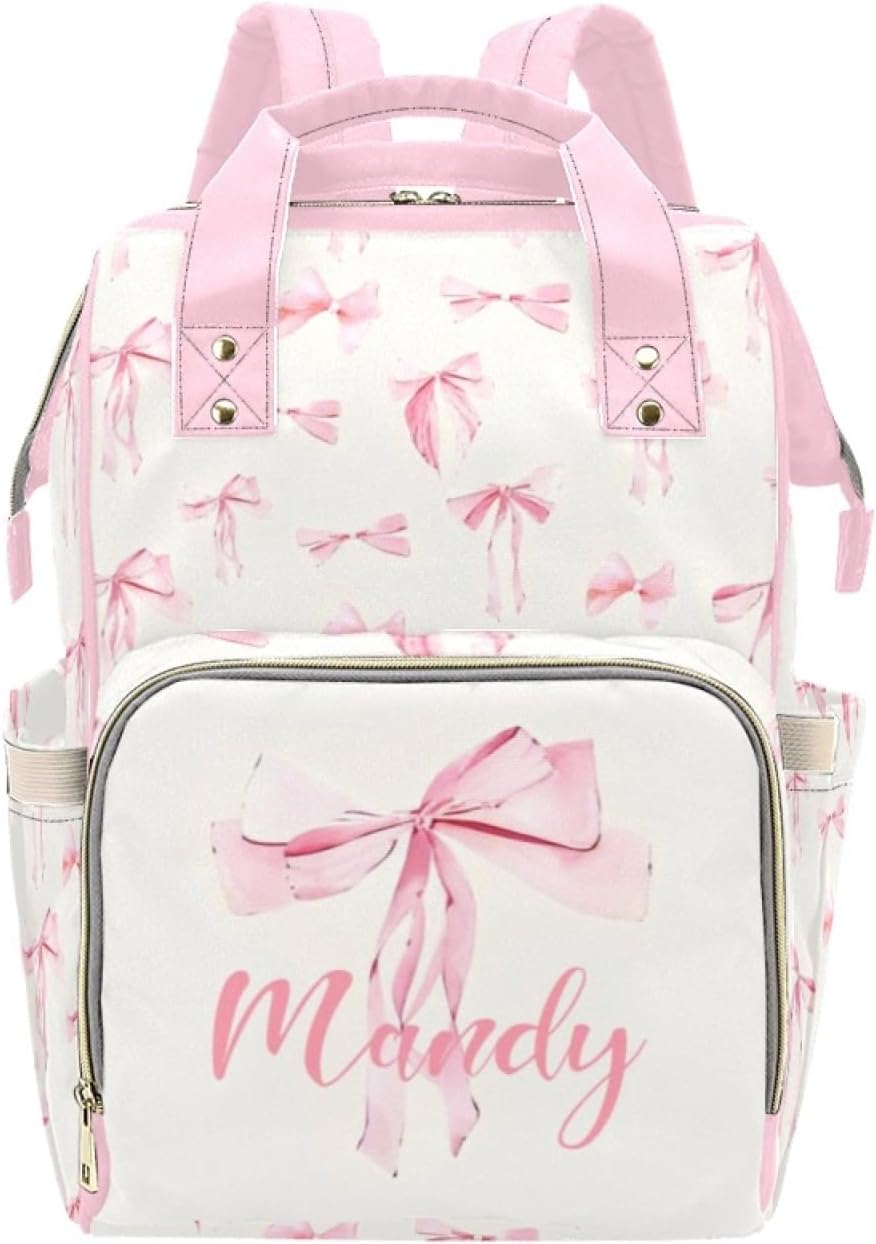 Custom Diaper Bag Backpack for Women, Personalized Name Nursing Mommy Daypack, Diaper Bag for Girls Boys, New Mom Gifts (Pink Bow)