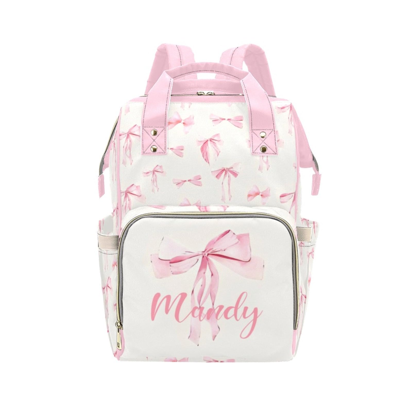 Custom Diaper Bag Backpack for Women, Personalized Name Nursing Mommy Daypack, Diaper Bag for Girls Boys, New Mom Gifts (Pink Bow)
