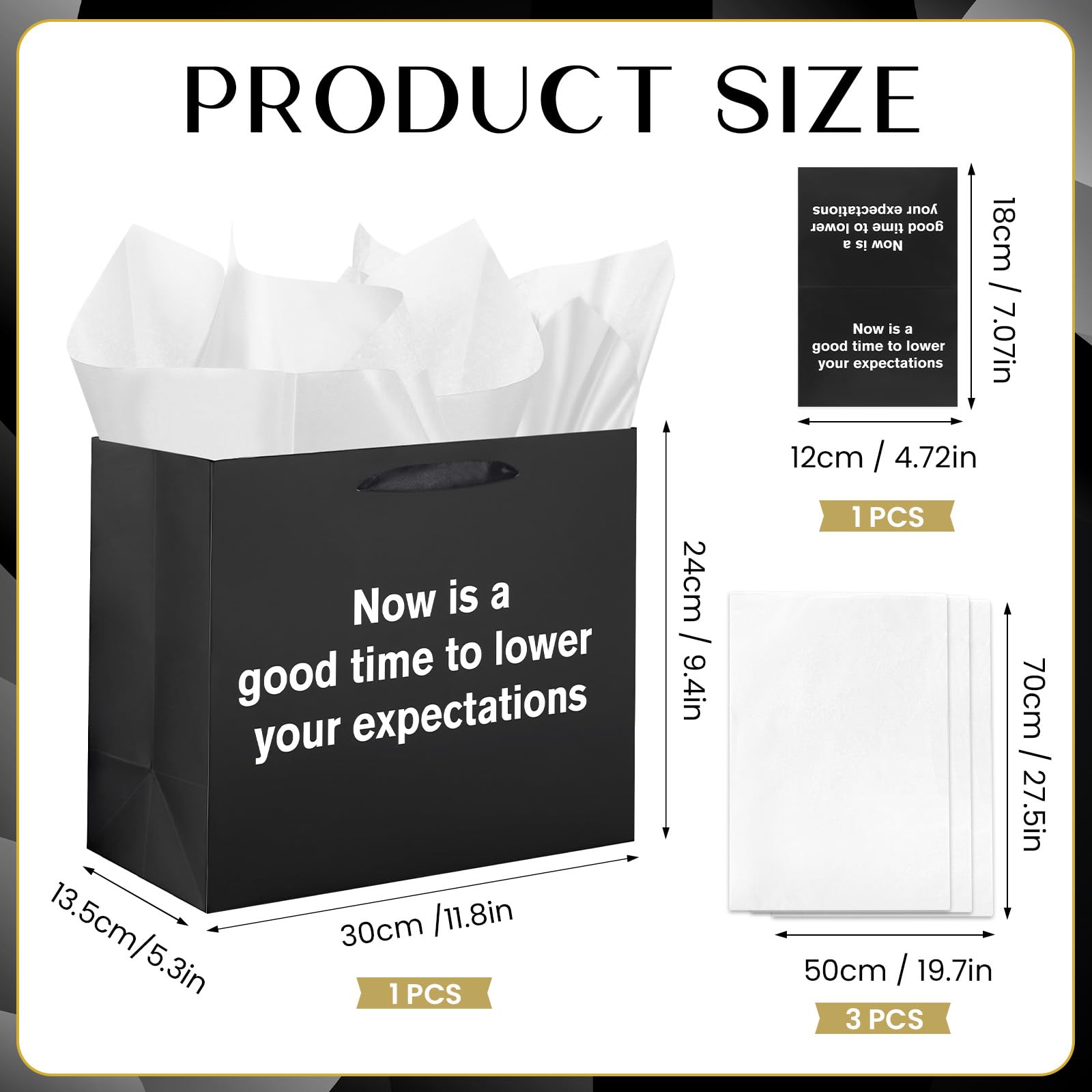 Funny Gift Bag To Lower Your Expectations Black Gag Gift Bags with Tissue Paper and Greeting Card Inappropriate Snarky Funny Birthday Gift Wrapping Paper for Office Coworker Best Friend Men Women