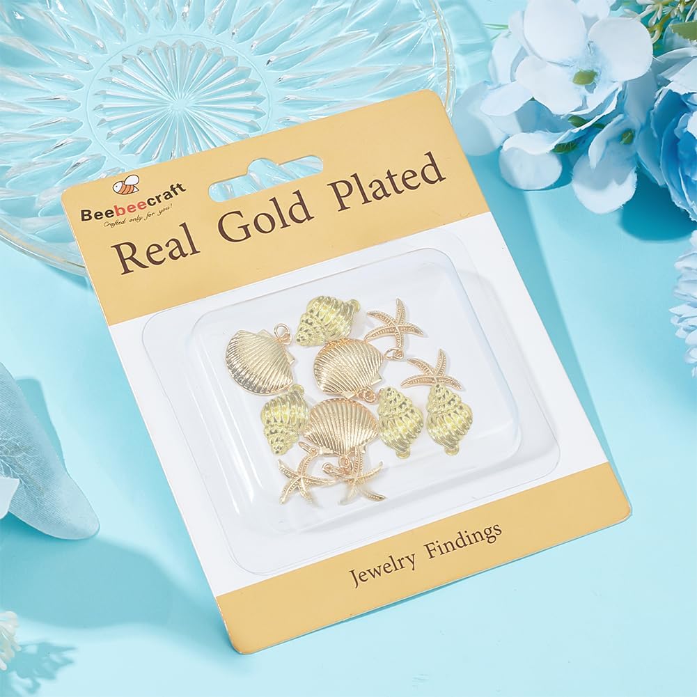 Beebeecraft 1 Box 12Pcs Sea Theme Charms 18K Gold Plated Brass 3 Style Shell/Starfish/Conch Charms with Jump Ring for DIY Jewelry Making - Image 6