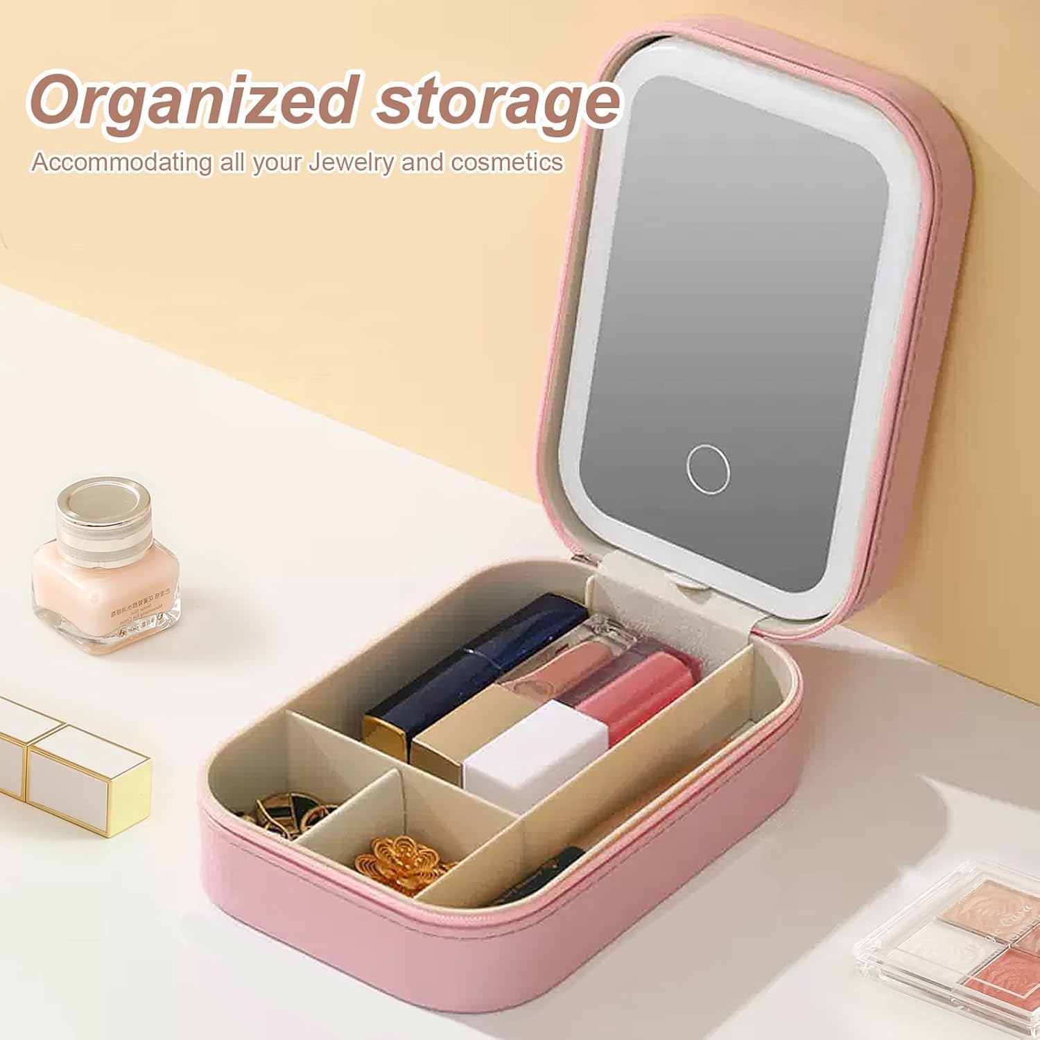 YUANHAILI Portable LED Makeup Bag with Adjustable Light-Up Mirror - Three-Color Lighting | Dust-Proof Cosmetic Case with Multi-Compartment Storage and Jewelry Organizer (Pink) - Image 4
