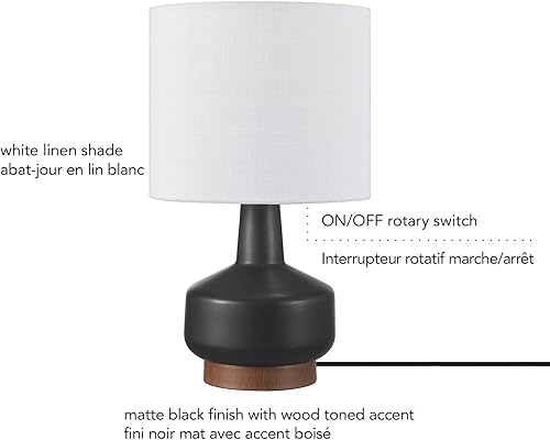 Miniatura 11 de GLOBE Lámpara de mesa eléctrica de cerámica de 15 pulgadas, base negra mate, acento en tono madera, pantalla de lino blanco, interruptor giratorio