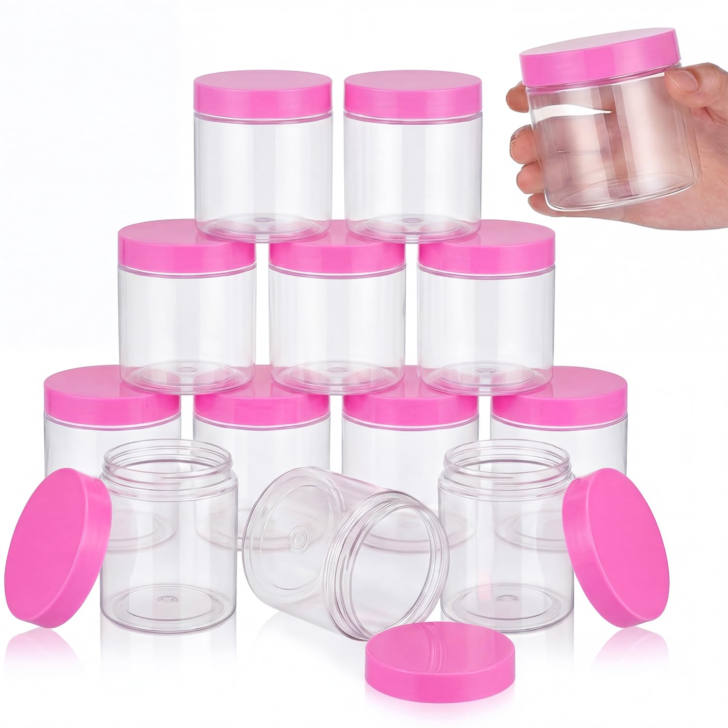 SATINIOR 12 Pack 8 oz Plastic Container Jars with Lids Round Clear Travel Cosmetic Container Slime Jars for Toiletries, Lotion, Cream, Ointments, Makeup, Rhinestone, Samples, Kitchen Storage(Pink)