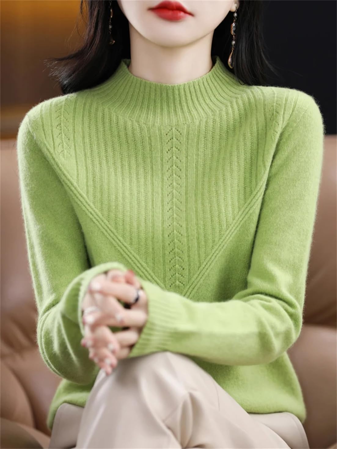 Suéter De Lana 100% para Mujer, Jersey De Punto Sin Costuras con Cuello Medio Alto De Cachemira Y Patrón Hueco