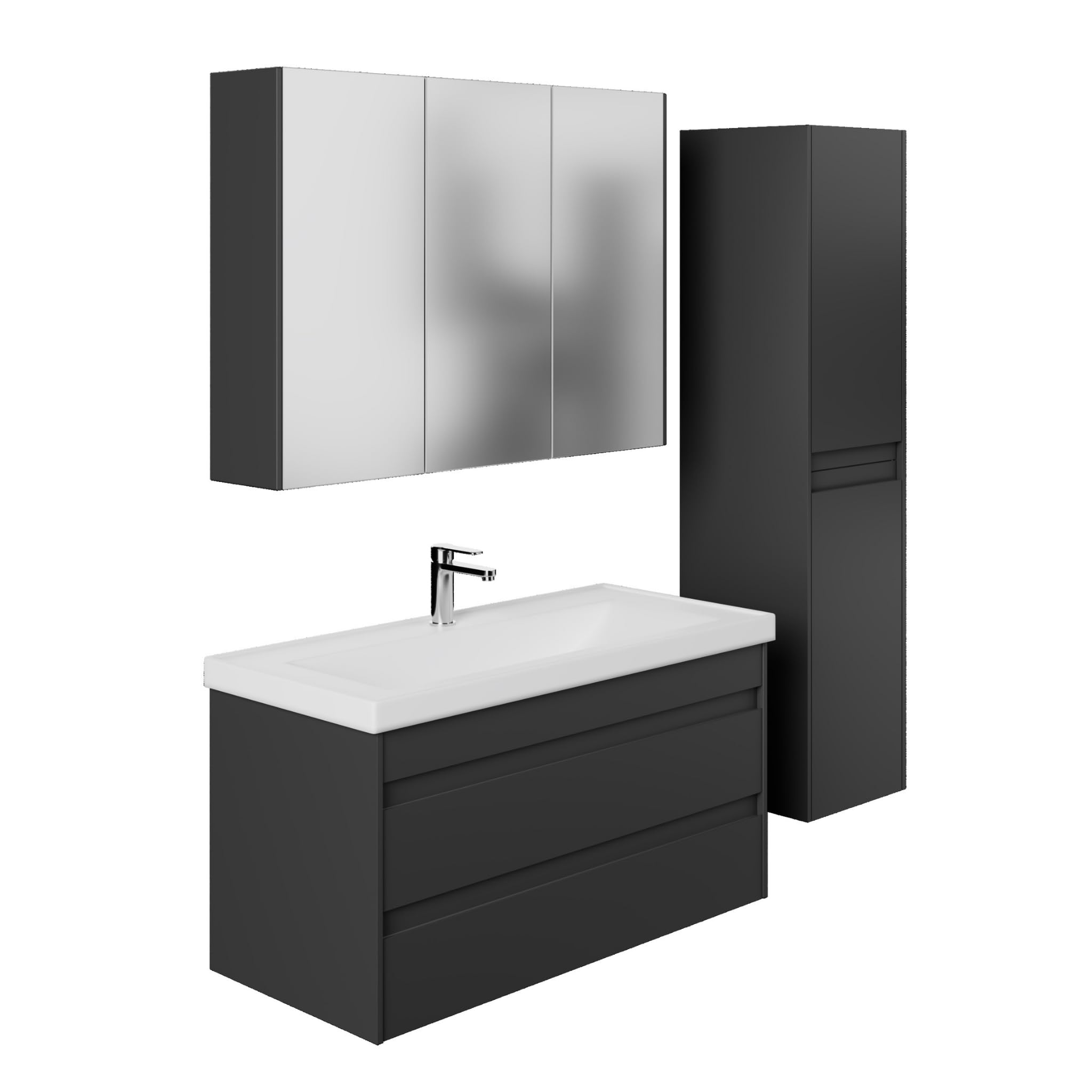 Badezimmermöbel Set Lara 100 Anthrazit | Keramikwaschbecken | Unterschrank | Spiegelschrank | Softclose-Schubladen & -Türen & unsichtbare Griffe | Moderner Stil | Badmöbel Waschtisch