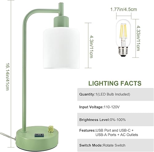 Miniatura 6 de GLITI Lámpara de mesa industrial, lámpara de escritorio, lámpara de escritorio regulable sin pasos con 2 puertos USB y toma de corriente alterna,