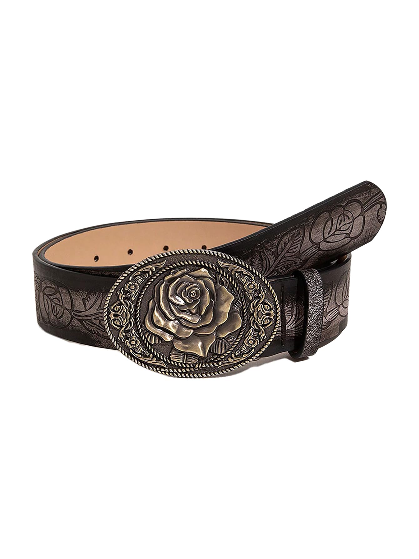 Womens Floral Embroidery Genuine Leather Belt Vintage Square Buckle