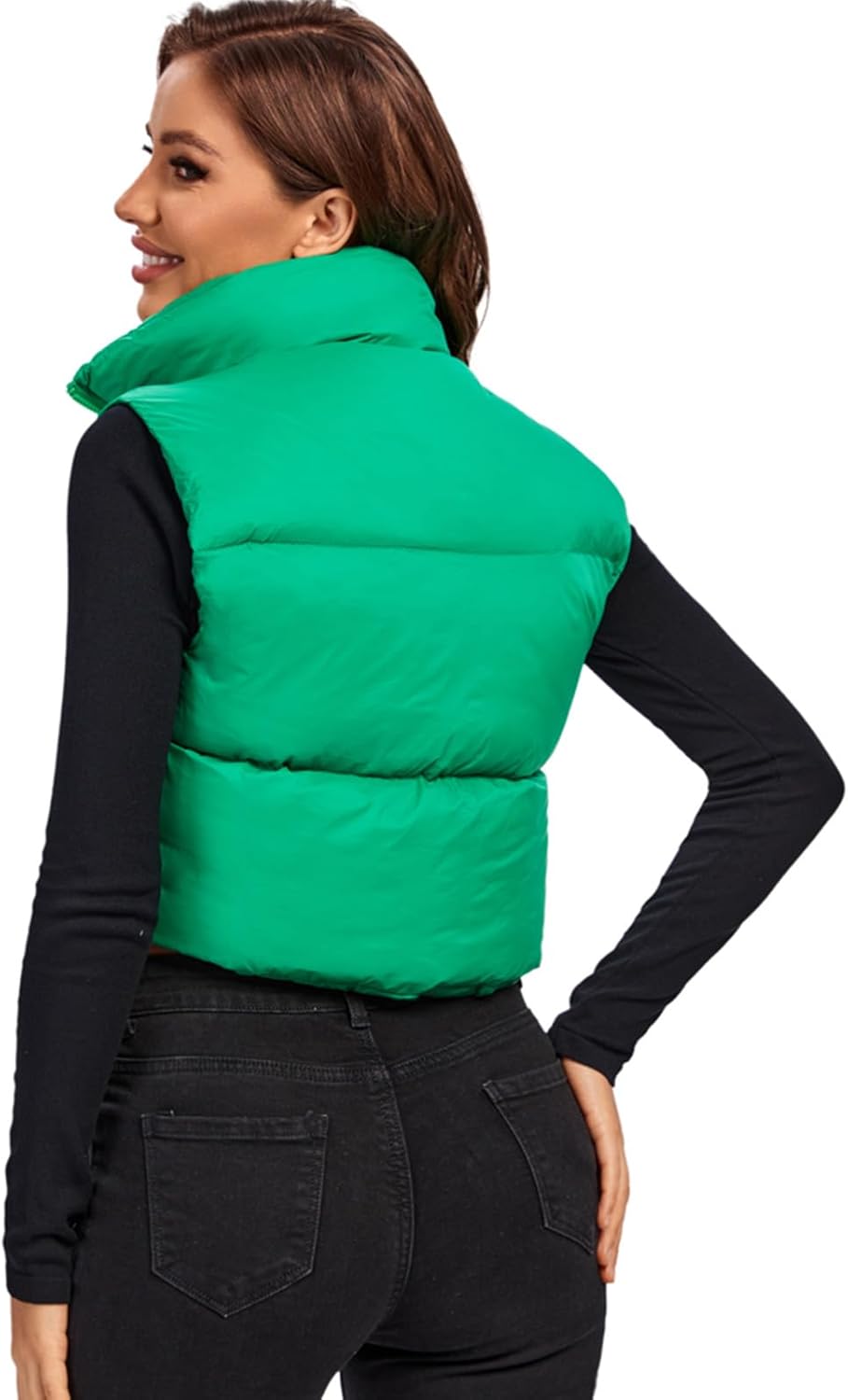 Fuinloth Women's Padded Vest, High Stand Collar Lightweight Zip Crop Puffer Gilet - Image 4
