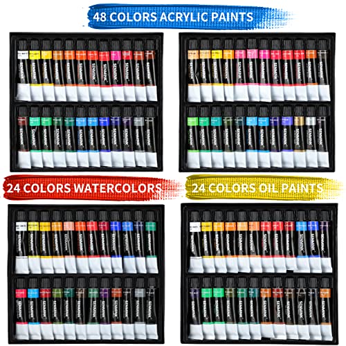 Senmink Deluxe Artist Painting Set,148-Pieces Painting Supplies Kit with Aluminum and Wood Easel, 96 Acrylic, Oil and Watercolor Paints, Brushes, Canvases, Painting Kit for Adult, Beginner,Artist