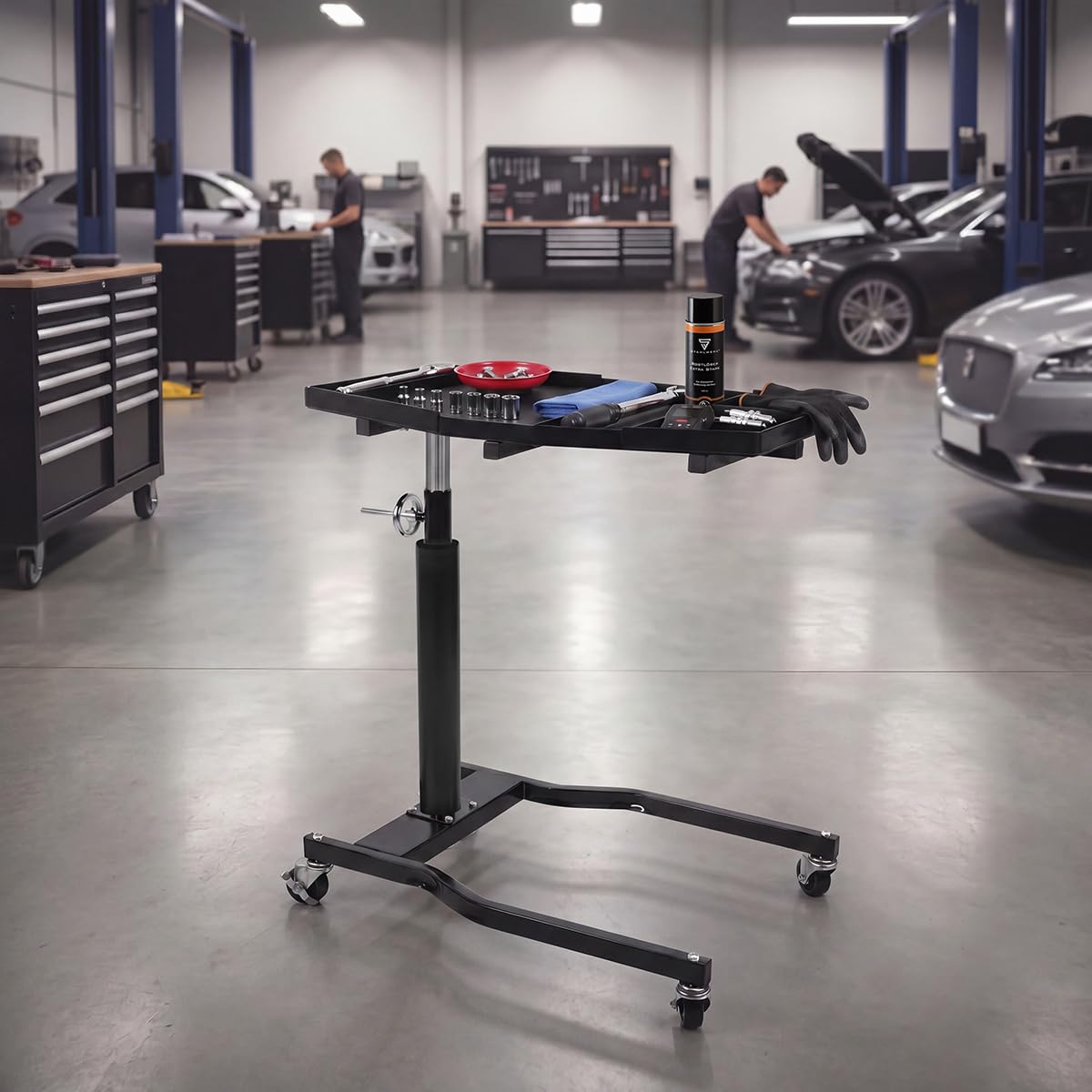 STAHLWERK Mesa de trabajo regulable en altura de 90 a 140 cm, capacidad de carga de 75 kg | Banco de trabajo móvil con 4 ruedas giratorias para garaje, taller y bricolaje