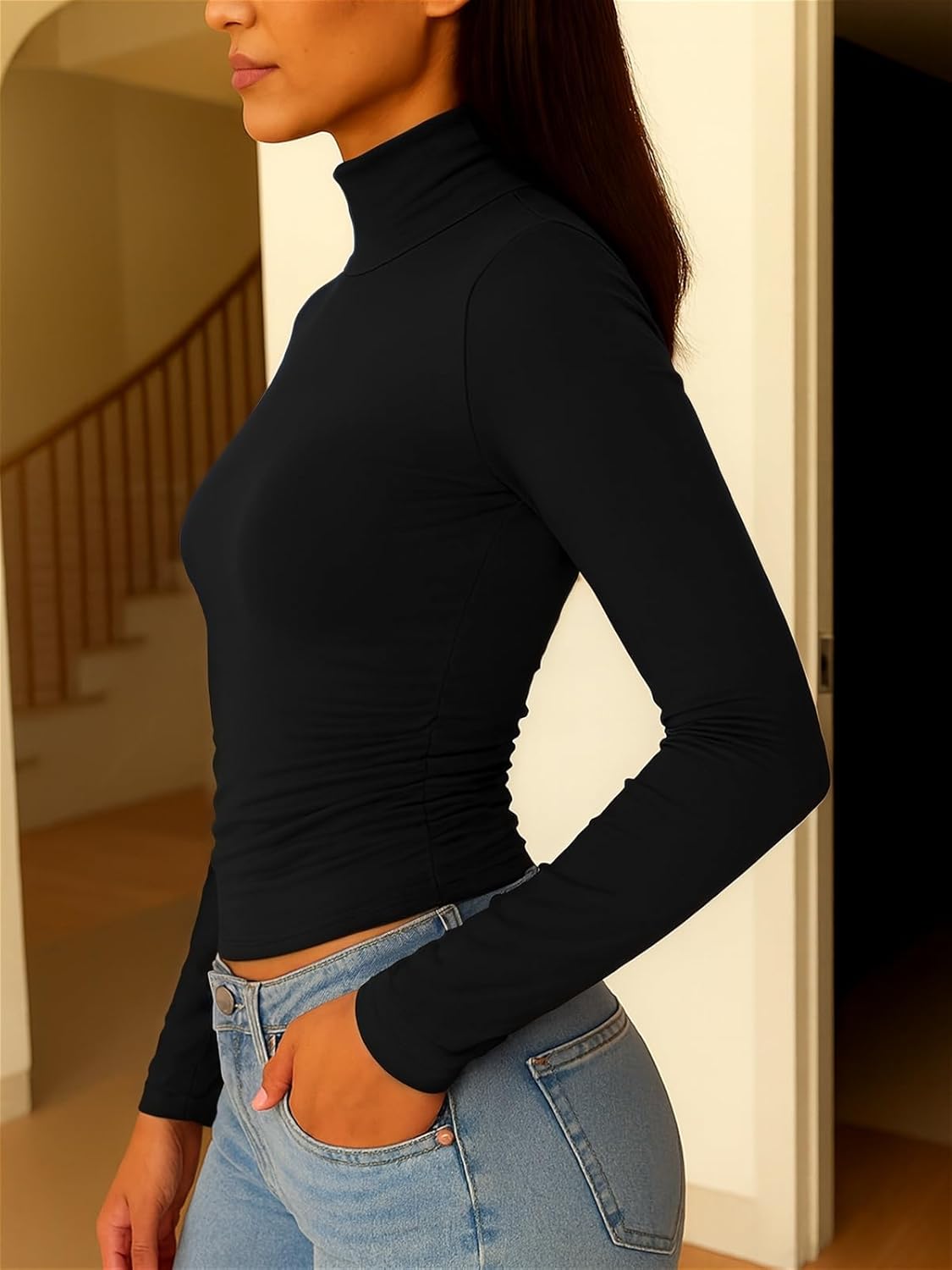 ForeFair Women's Mock Turtleneck Long Sleeve Going Out Tops Ruched Double Lined Tight Basic Tee Shirts - Image 3