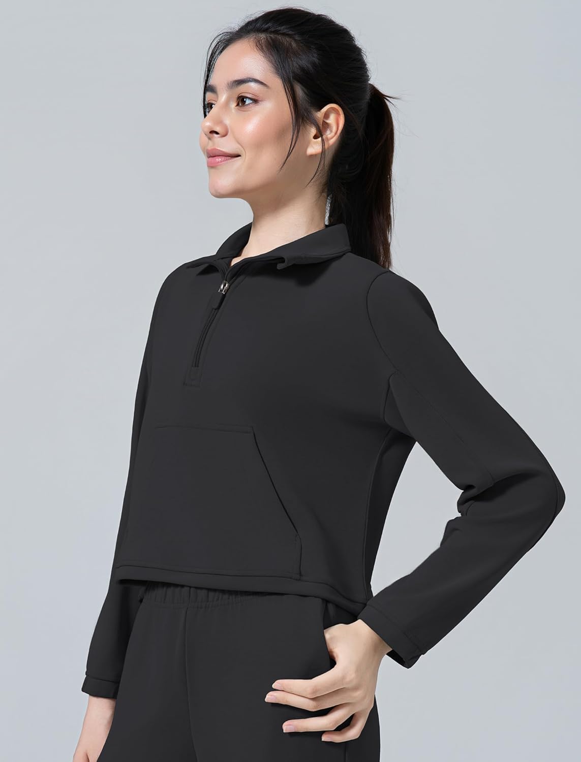 Yvette Womens' Half Zip Pullover Stand Collar Cropped Workout Sweatshirt with Pockets Long Sleeve Shirts Clothes