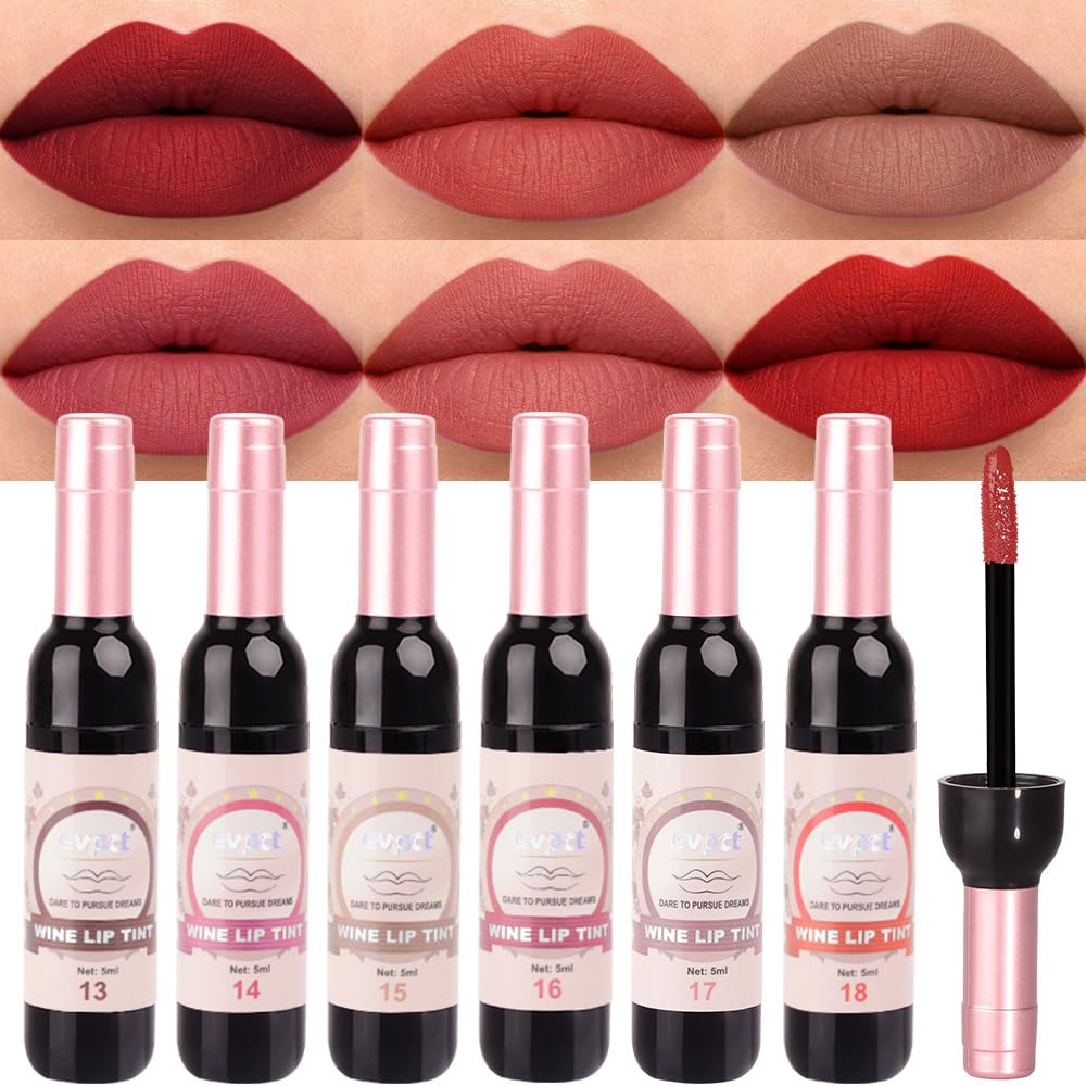 evpct 6Pcs Wine Bottle Lip Tint Stain 6 Colors Waterproof Red Matte All Day Liquid Lipstick Lip Gloss Sets for Women Magic Lipstick 24 Hours Original labiales magicos 24 horas originales Peel off 03 1.06 Fl Oz (Pack of 1) G-Set03