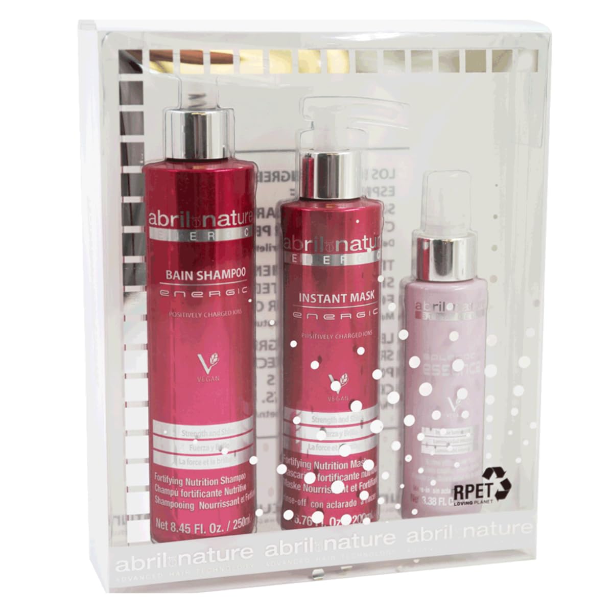 abril et nature - Professionelles Haarpflege-Set Energic - Anti-Frizz - Shampoo-, Maske- und Serum-Set für Haare - Für feuchtigkeitsbedürftiges Haar - Entwirrt, rehydriert und repariert - 550 ml