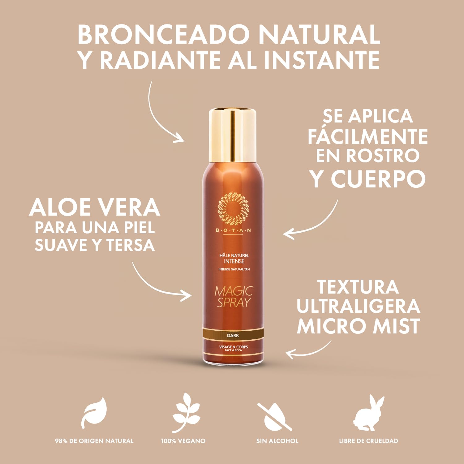 BOTAN Cosmetics – Spray Autobronceador Intenso 125 mL – Bronceado Natural y Radiante – Fórmula Vegana sin Alcohol
