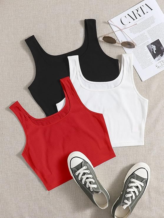 Image of Toochki Women's Knitted Sleeveless Solid Sqaure Neck Ribbed Tank & Crop Tops (Pack of 3)