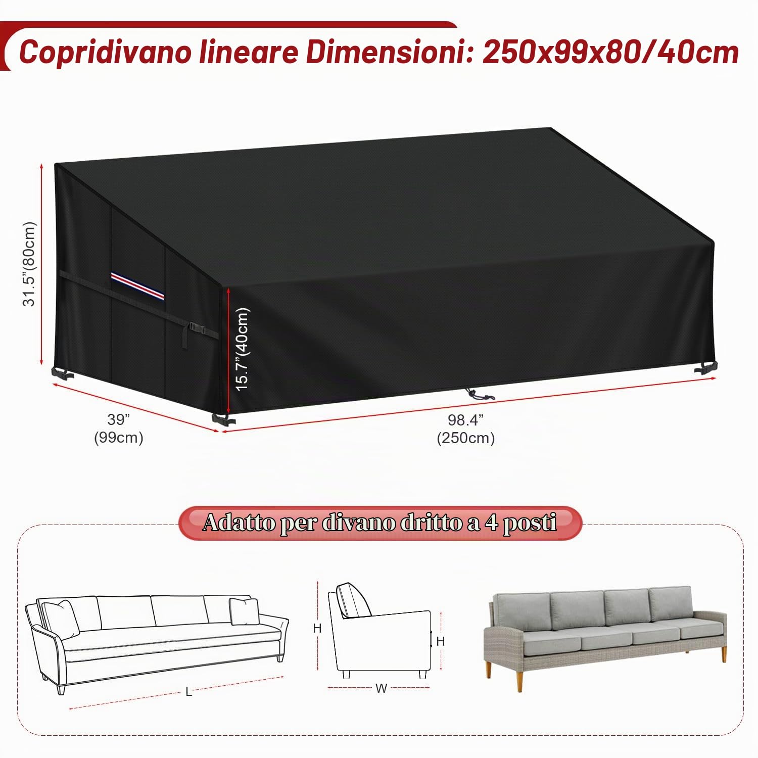 LAMUNI Copridivano da Esterno 4 Posti Copertura Impermeabile per Divano da Giardino 420D Oxford Telo Copri Divano Esterno Copertura Divano Pallet Copertura per Mobili da Giardino, 250x99x80/40cm