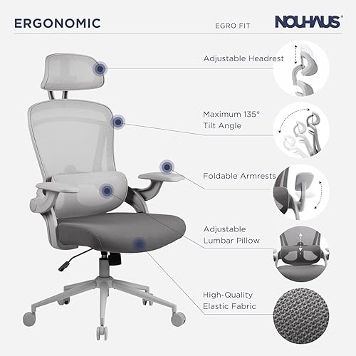 Miniatura 6 de Nouhaus Ergo Fit - Silla de oficina ergonómica de malla, respaldo alto, soporte lumbar ajustable, reposacabezas y reposabrazos abatibles ajustables,