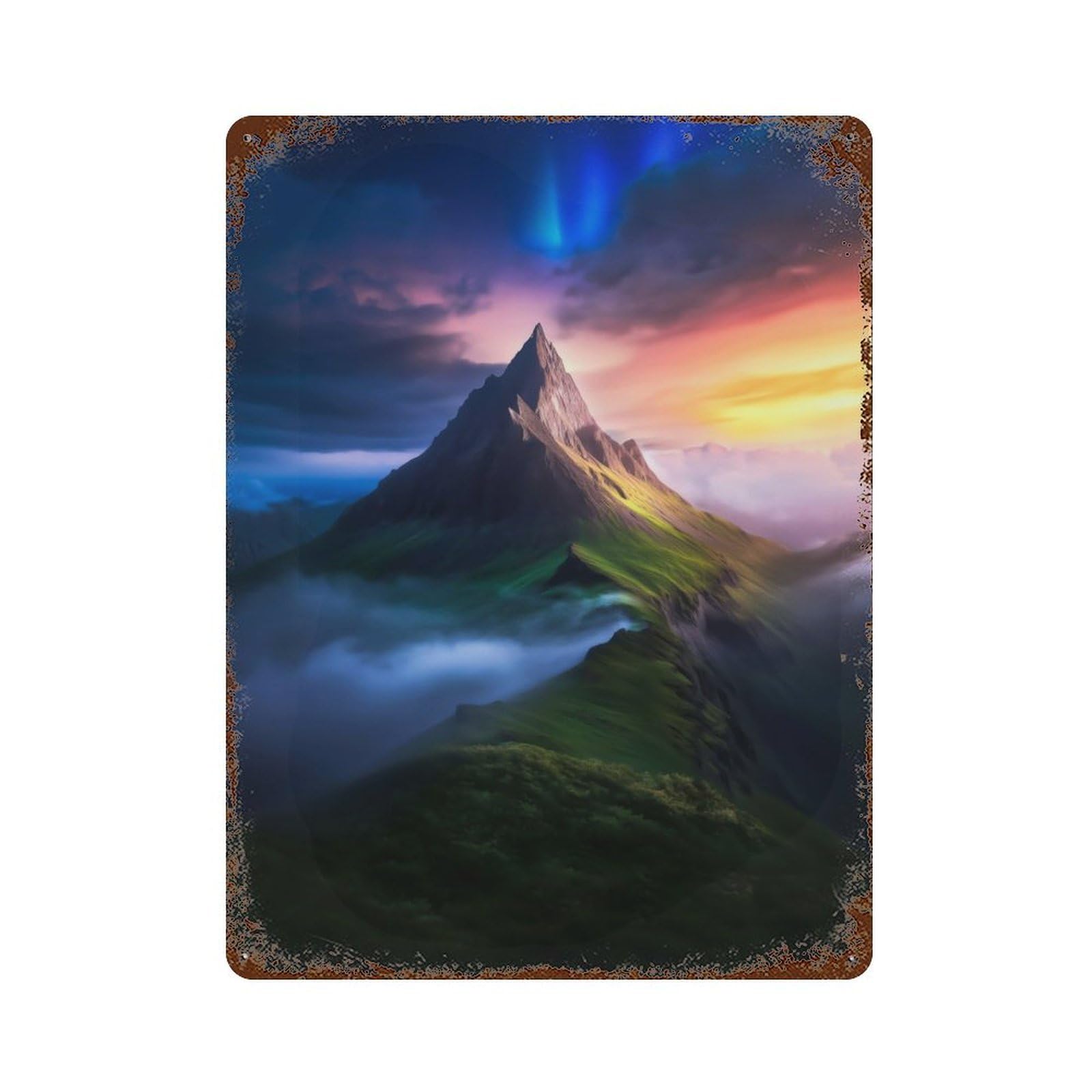 Mountain Peak Sunset Rusty Metal Tin Sign 15.7"x11.8", Industrial Home Decor for Garage, Pub Or Kitchen