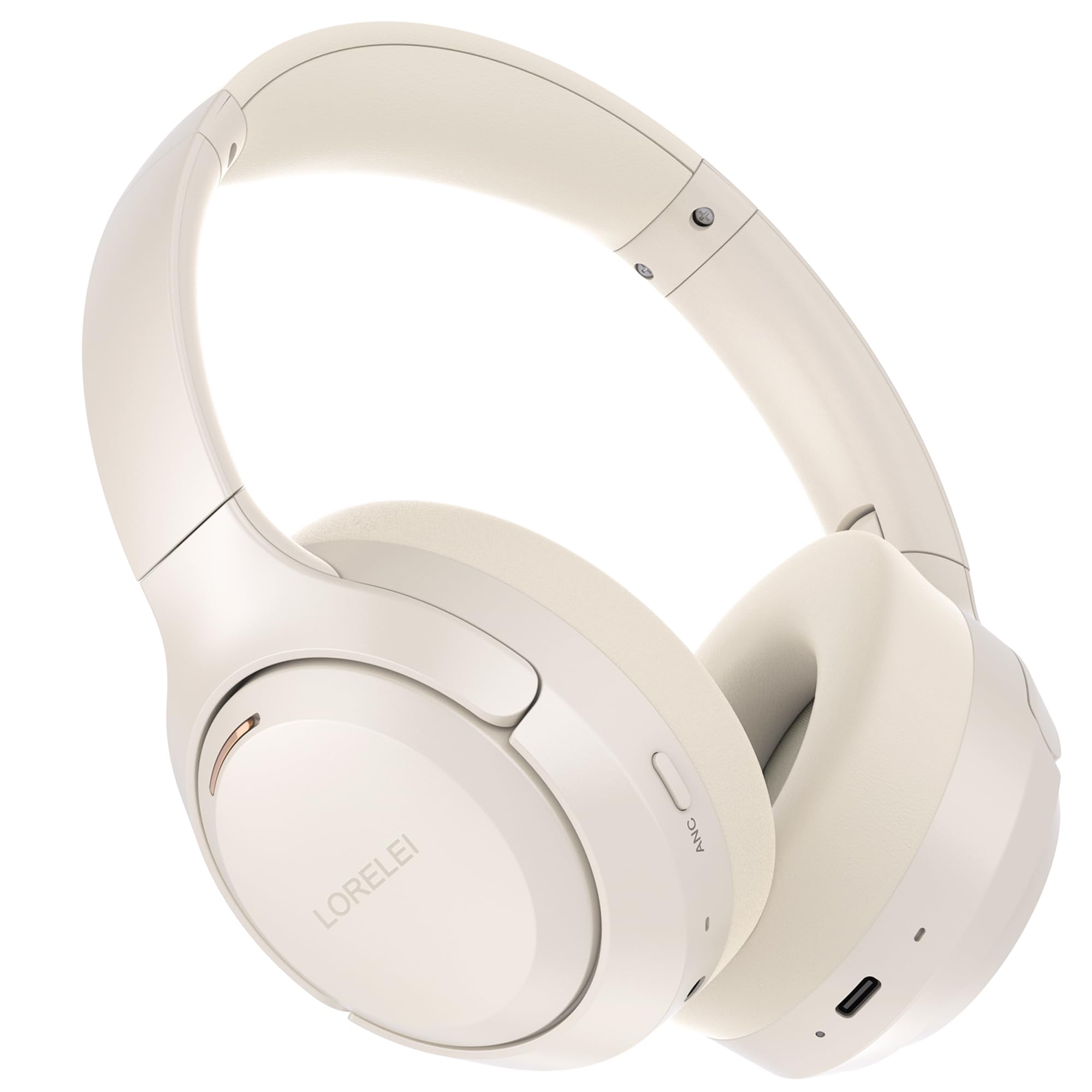 LORELEI QC60 Hybrid Active Noise Cancenlling Headphones,Wireless Over Ear Bluetooth Headsets with mic,100H Playtime ，3 EQ Mode Deep Bass, Memory Earmuffs,for Travel Home Office(Beige White)