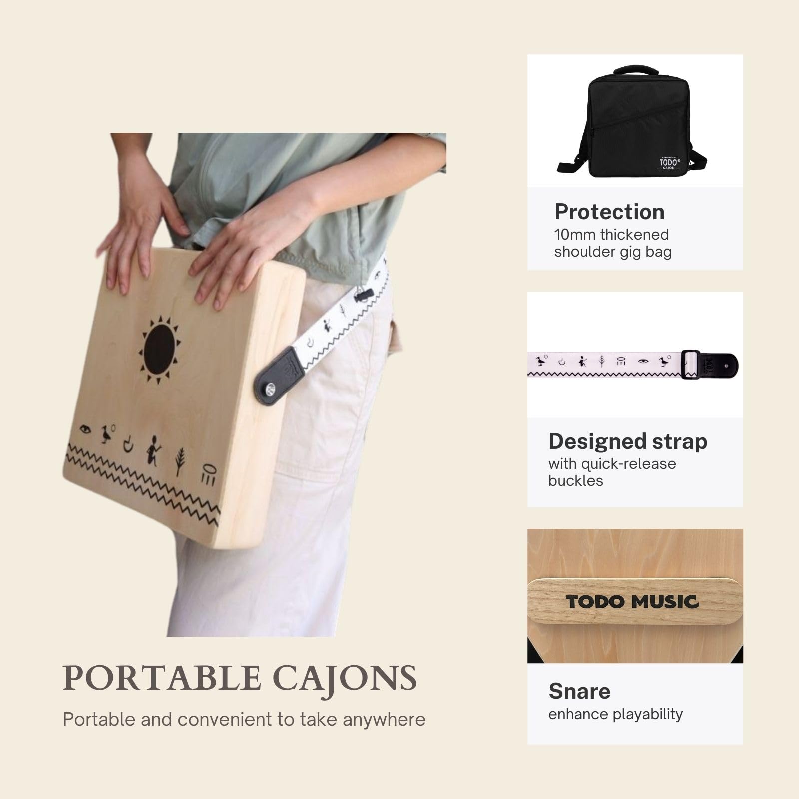 TODO Caja de cajón de viaje, tambor de mano plano, instrumento de percusión portátil de madera de abedul con cuerdas ajustables, bolsa de transporte, primera mano hecha a mano, percusión de tambor de