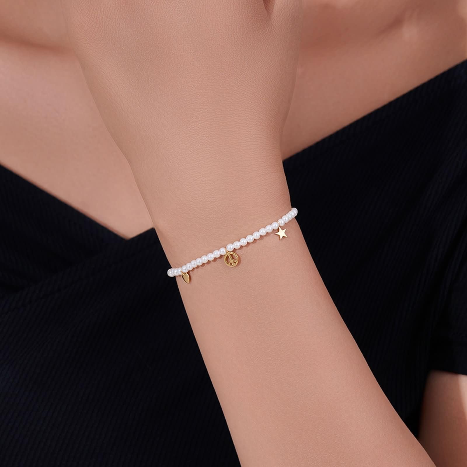 Pulseras de Mujer de Oro 9K / 14K / 18K, Perlas con Estrella y Corazón, Cadena Extensible 16 CM + 5 CM, Pulseras Cadena Oro Ajustable Mujer