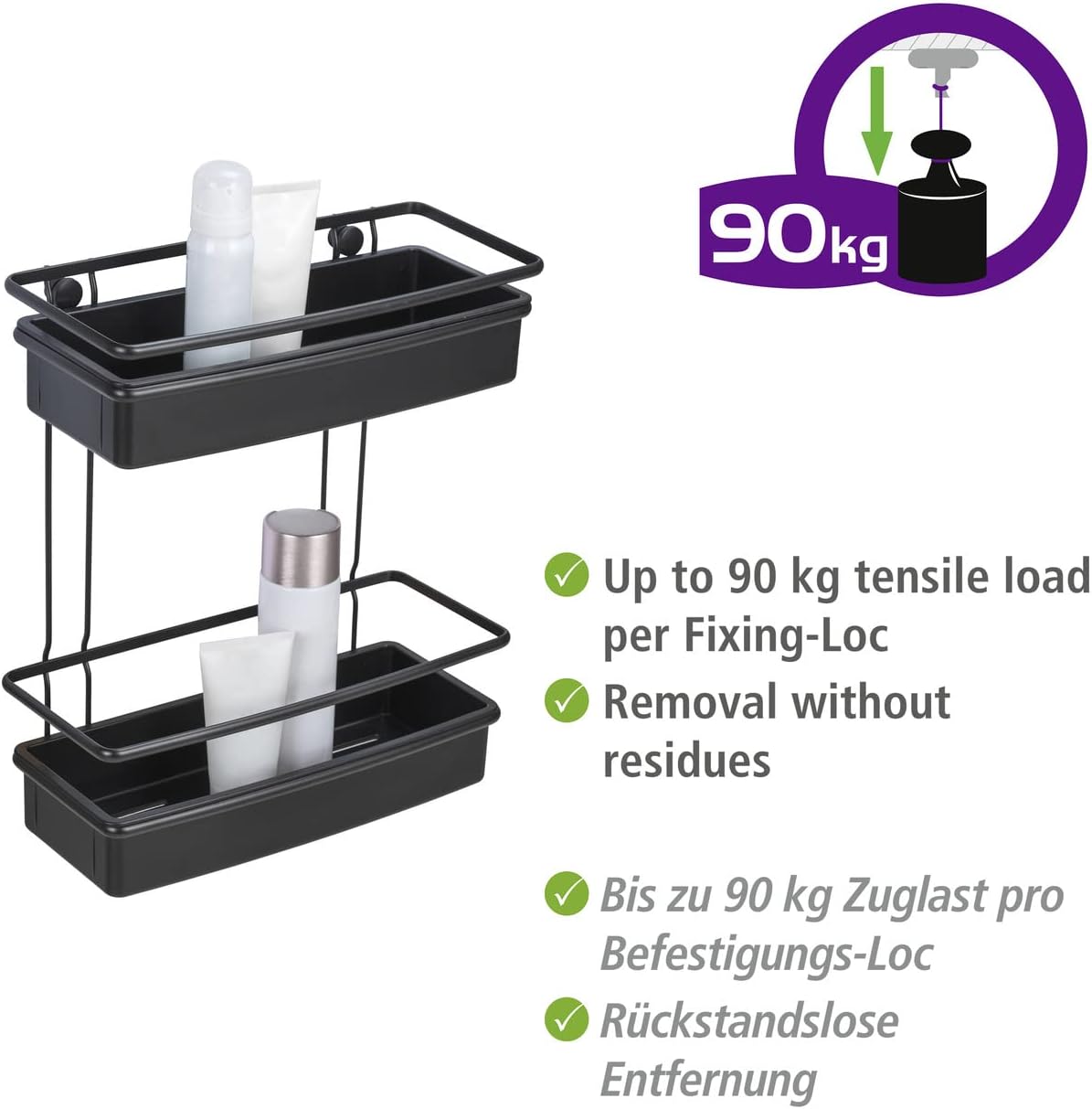 WENKO Molinella Wall Shelf, Bathroom Shelf with 2 Shelves and Deep Baskets for Secure Standing of Care Products, Made of Matt Painted Stainless Steel with Plastic Insert, (W x H x D): 30 x 35 x 14 cm