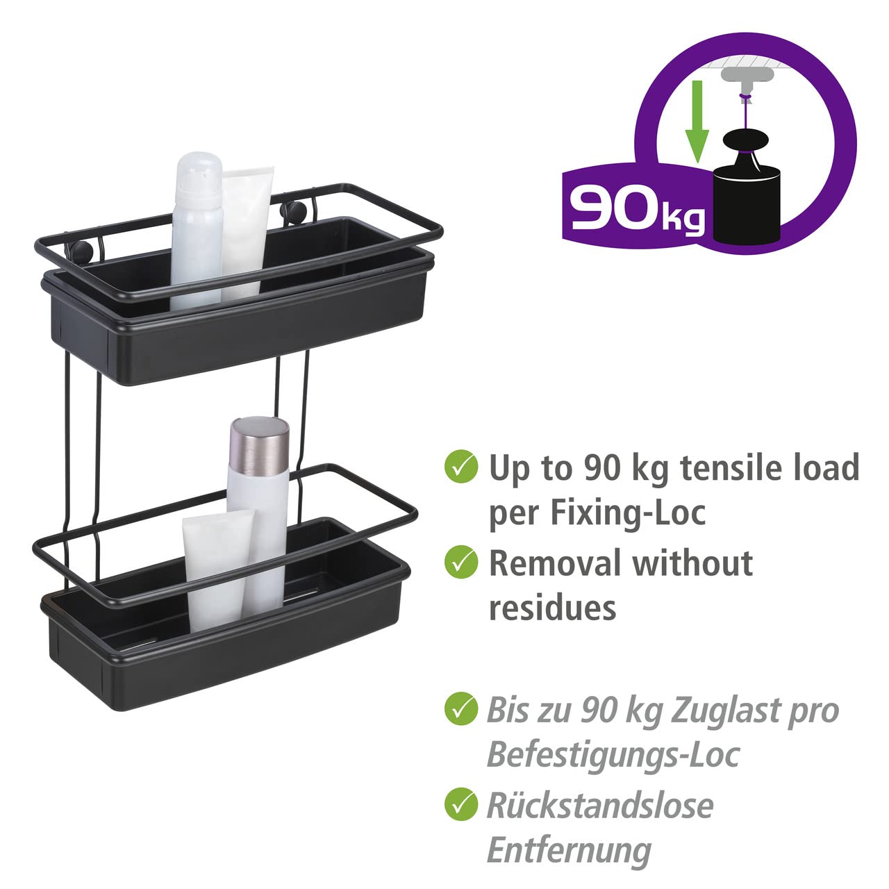Wenko Scaffale a Molinella, 2 Piani per Il Bagno con Cestini Profondi, Appoggio Sicuro Dei Prodotti per L'Igiene, in Acciaio Verniciato Opaco con Inserti in Plastica, (Lxaxp): 30 X 35 X 14 Cm, Nero