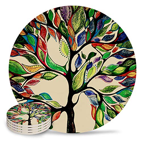 4 posavasos de cerámica para bebidas, colorido árbol de la vida, juego de posavasos de piedra absorbente con parte trasera de corcho antideslizante y sin soporte para tazas