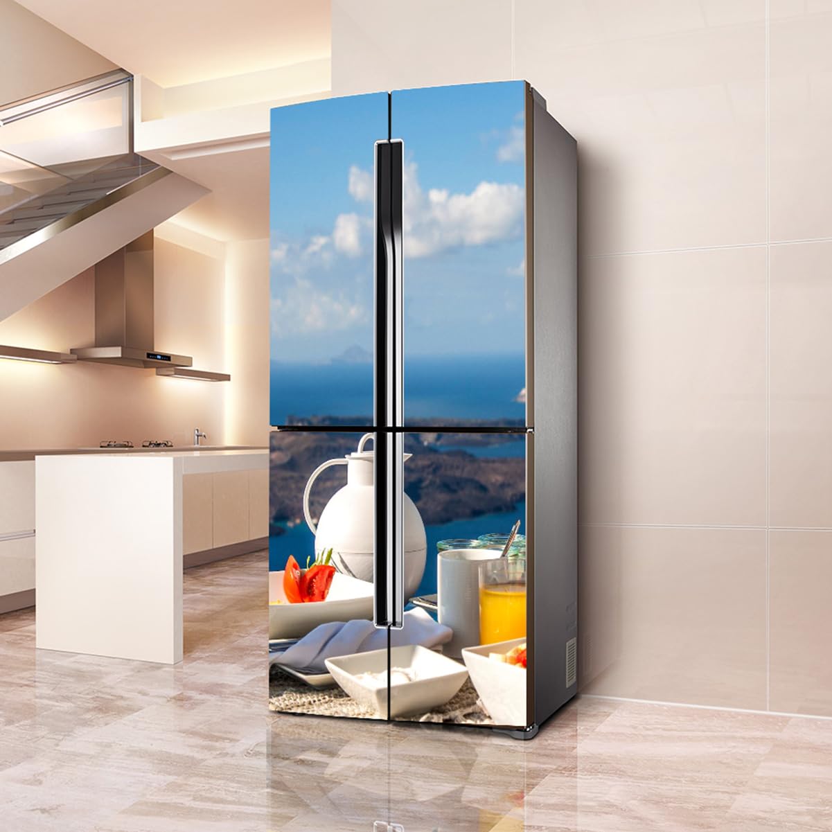 Fridge Sticker, Fridge Sticker Full Covering Door Covers Decor, Freezer Skins Wall Stickers for Kitchen Decal, Mediterranean Scenery Terrace Table(L: 100x180 cm)