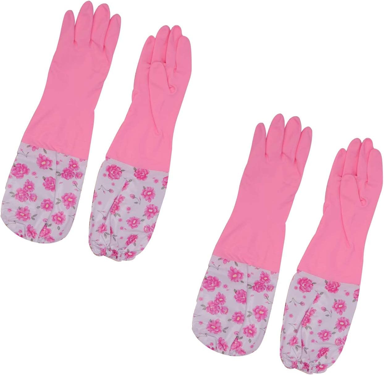 Klaxon Reusable Rubber Latex PVC Flock Lined Long Sleeves Safety Hand Gloves (Free Size, Pink) - Pair of 2