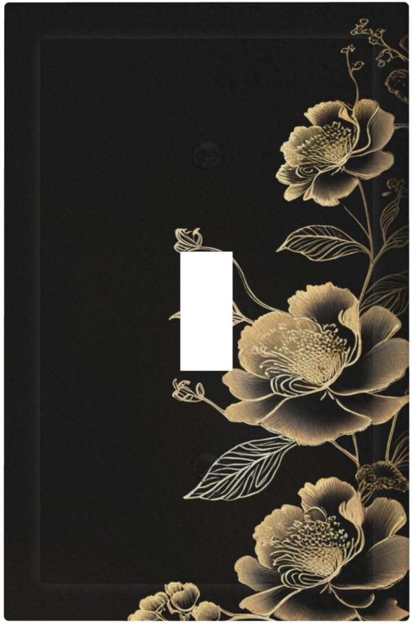 Vintage Black Gold Flowers Leaves Single Toggle Light Switch Covers Decorative 1 Gang Wall Plate Electrical Device Switchplate Dimmer Faceplate for Bathroom Decor
