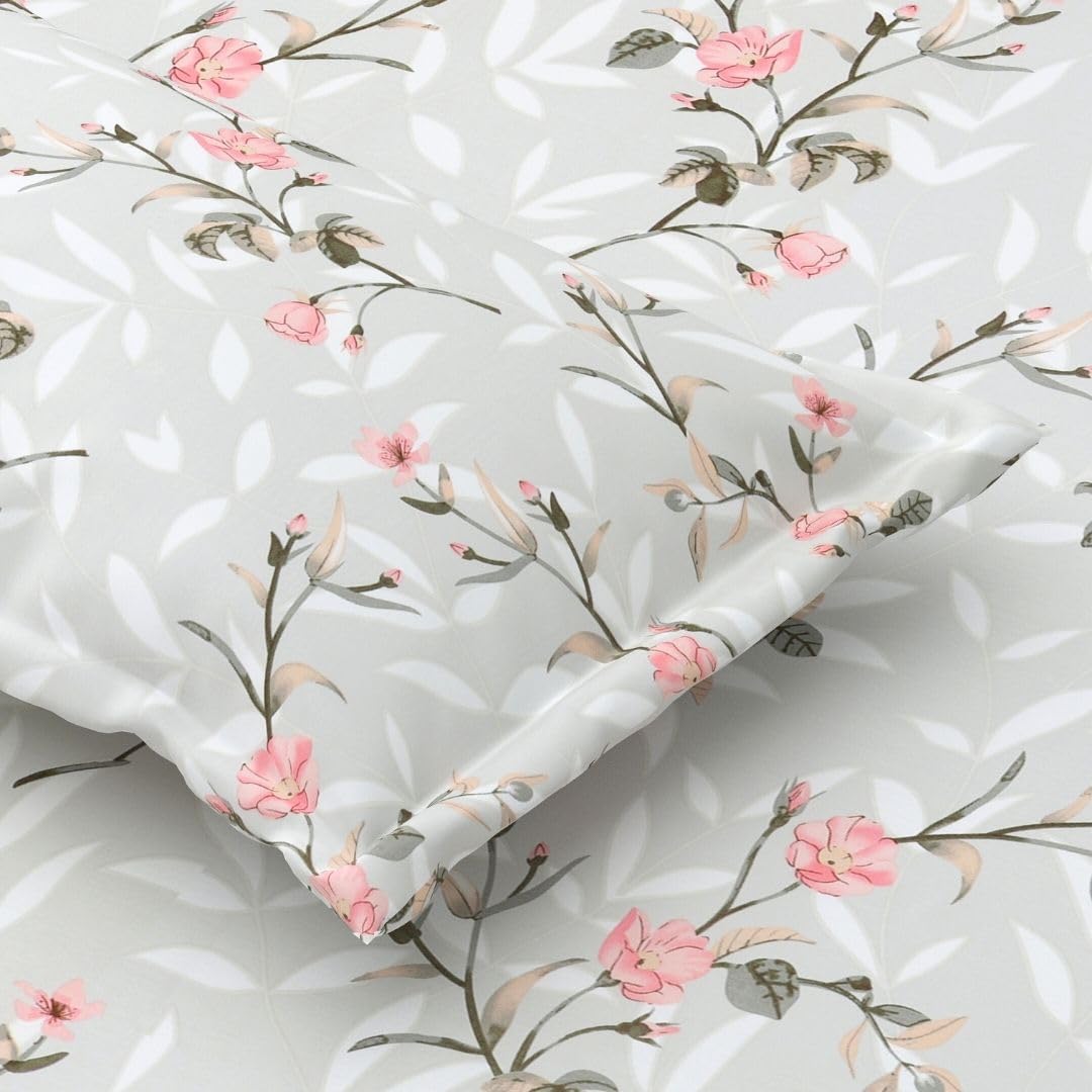 Jaipur Weaves Bedsheet King Size 100% Pure Cotton Bed Sheet with 2 Pillow Covers, 240 TC Premium Bedding Set, 72x78 Inches, Super Soft Cozy (Spring Tulips Grey, Super King Fitted)