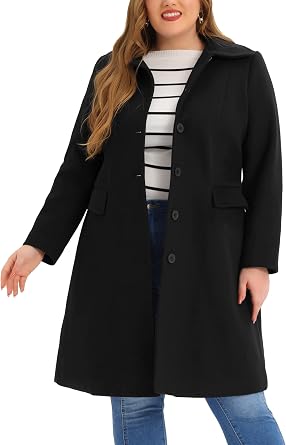 Agnes Orinda Women Plus Size Peter Pan Collar Single Breasted Trench Coats | Long Sleeve Fully Lined Button Winter Trench Pea Coats Pocket Peacoats Midi Long Length