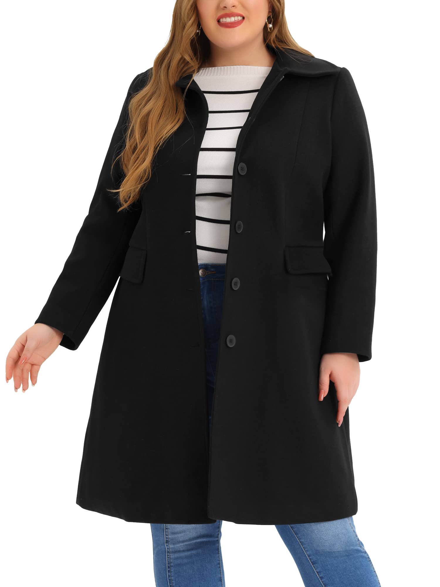 Agnes Orinda Womens Plus Size Winter Coats Peter Pan Collar Single Breasted with Pockets Long Trench Coats