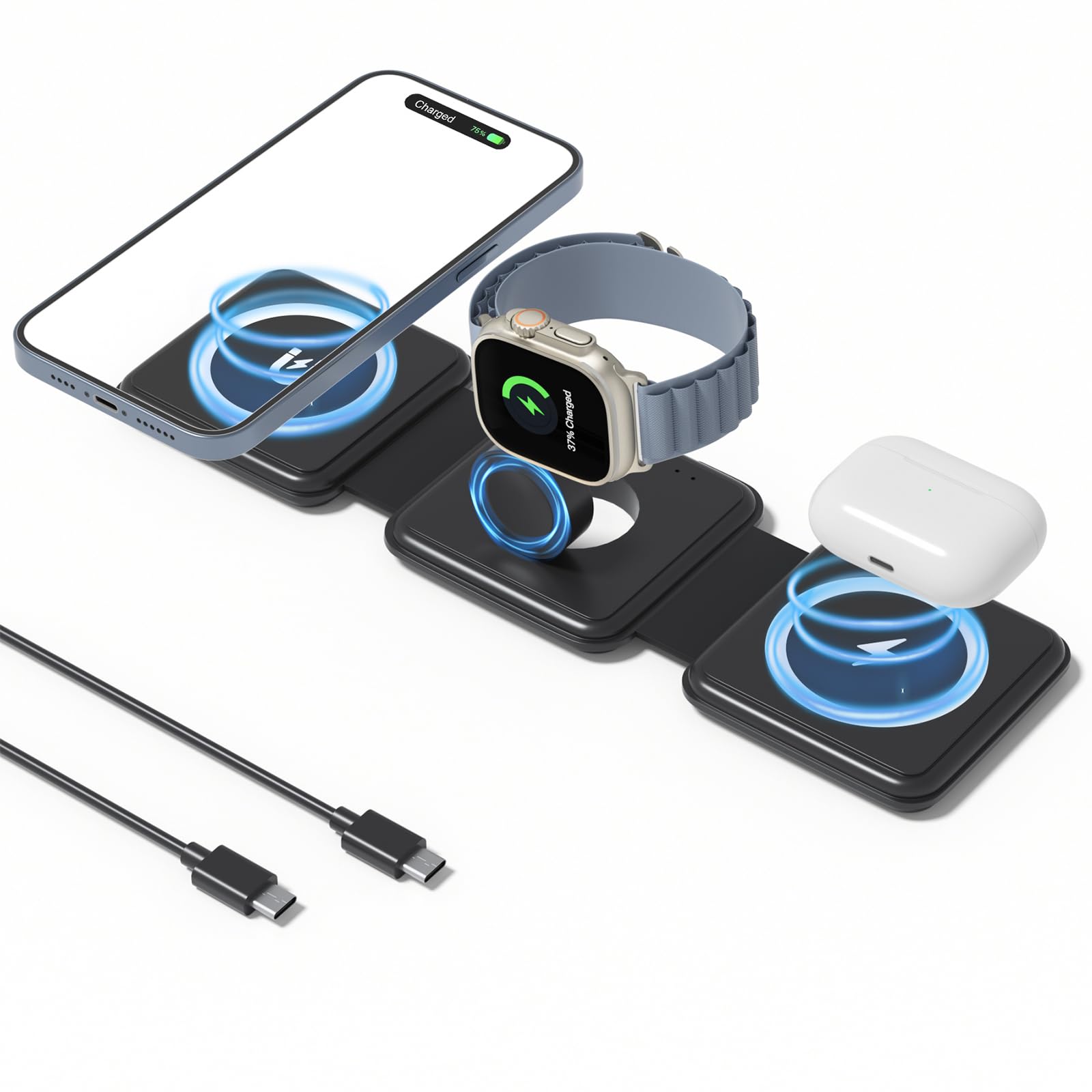 3 in 1 Charging Station for Apple Devices, Foldable Charger for iPhone, Wireless Charger for Multiple Devices, Travel Charging Pad for iPhone 16 15 14 13 12 Pro Max Plus Apple Watch (Black)