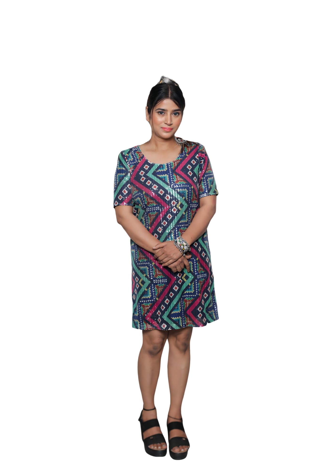 Women Short Lycra Sequance Dress Lounge Wear 309 Multicolour-image-6