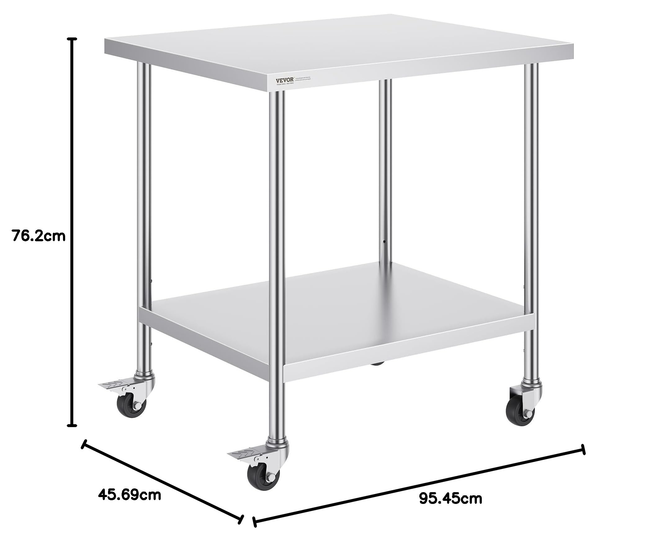 VEVOR Table de Travail en Acier Inoxydable 45,7 x 76,2 x 95,5 cm, Table de Préparation des Aliments avec 4 roulettes, 3 Niveaux de Hauteur Réglables, Meuble Rangement Durable pour Cuisine Restaurant