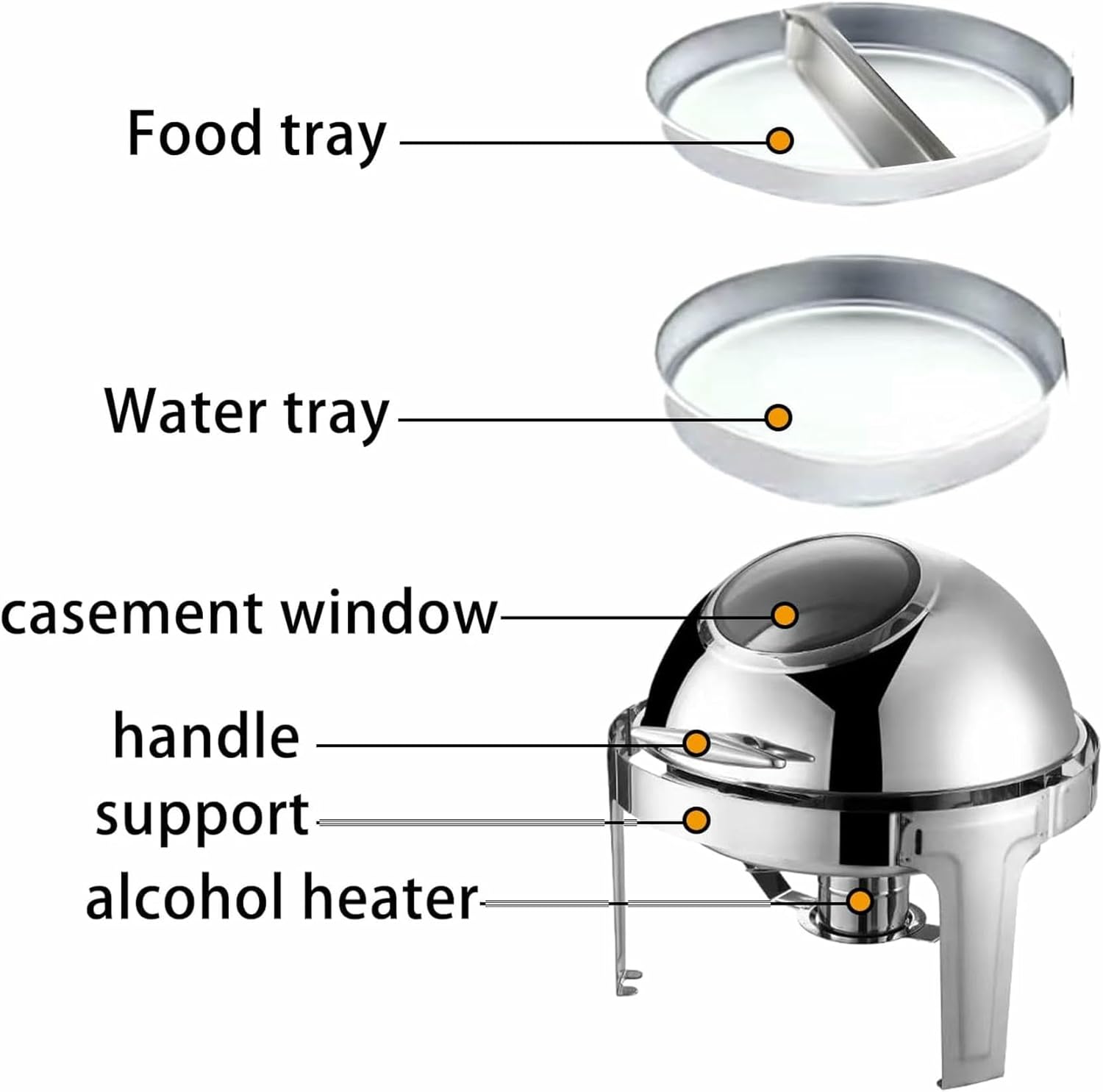 Buffet Set with Plate for Heating Food, Round, with Rolling Lid, for Hot Pots, Five Piece Set with Plate for Water and Food, Alcohol Stove Holder for Parties