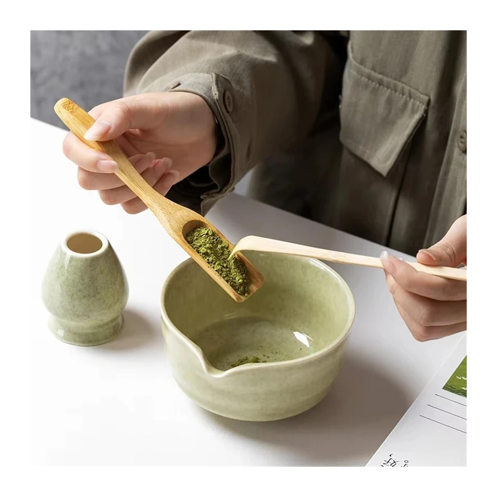 Ceremonia de licuadora Matcha, juego 4/5/6 Uds., tazón Chawan cerámica, batidor bambú y cuchara for té, Kit herramientas(Style C 4PCS)