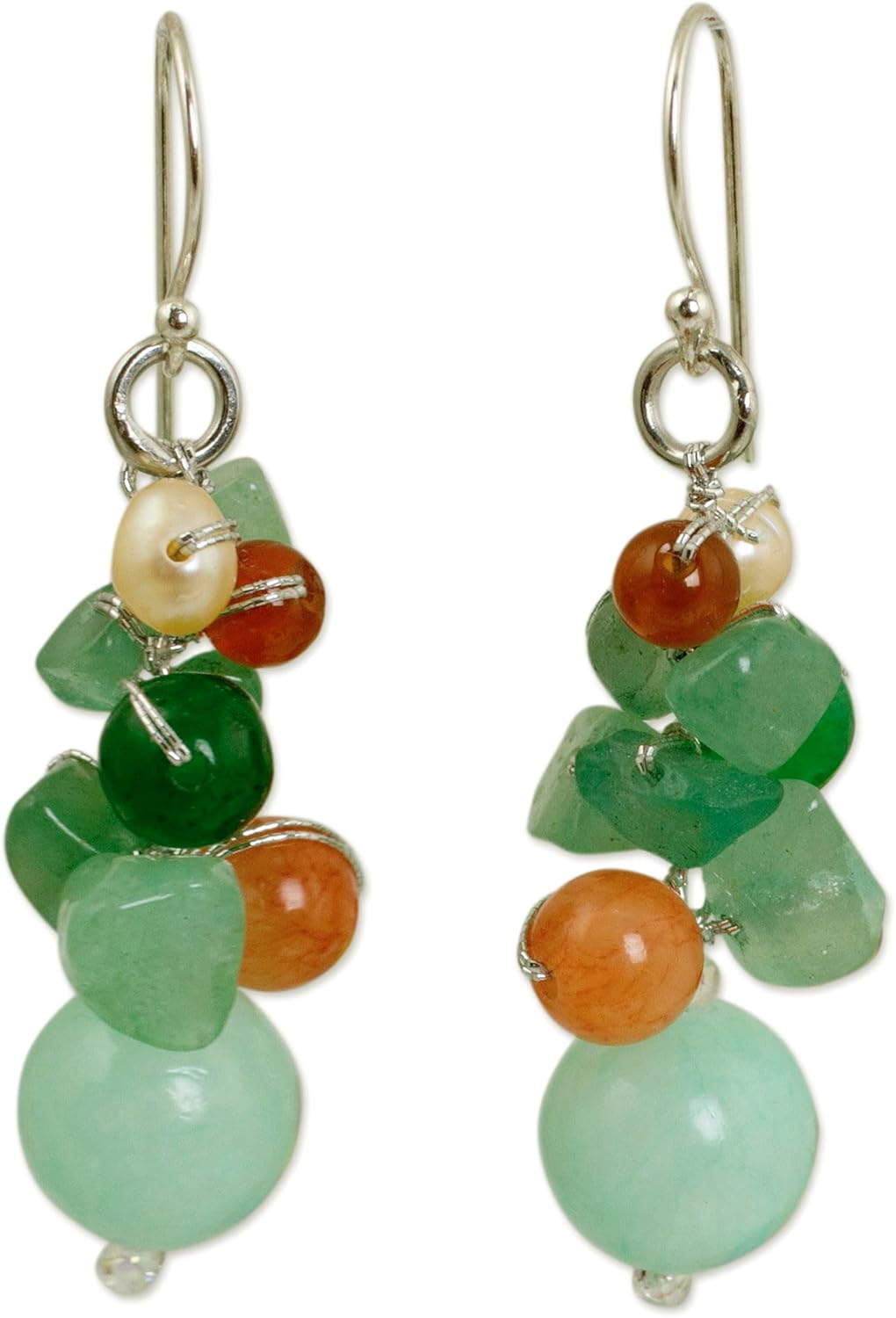 NOVICA Artisan Handcrafted Cultured Pearl Carnelian Cluster Earrings Quartz Sterling Silver Plated Multigem Green Beaded Dangle Thailand Birthstone [1.8 in L x 0.5 in W] ' Lemongrass'