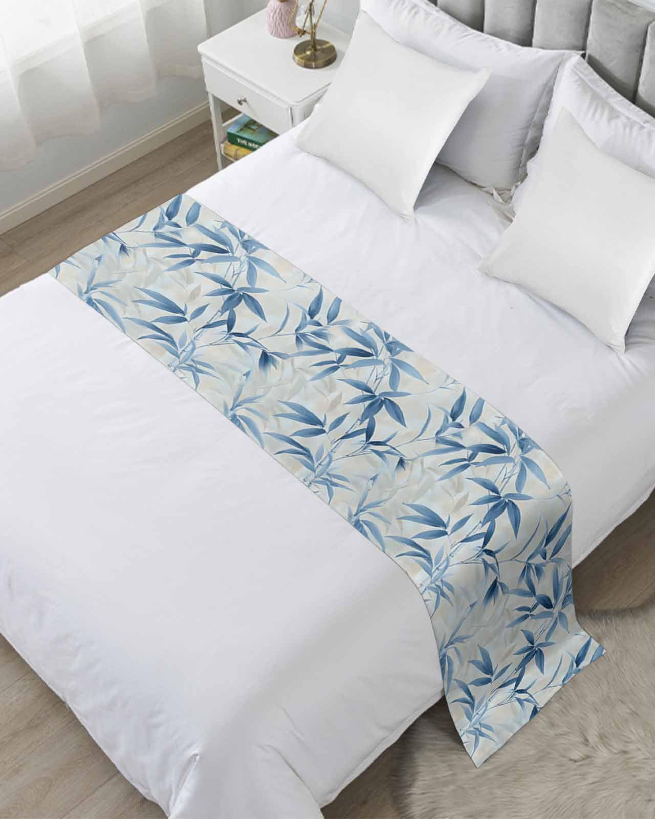 Blue Botanical Bed Runner for Twin Size, Pastoral Summer Leaf Watercolor Bedspread Protector Slipcover Bed Scarf for Foot Runners & Scarves for Bedroom Hotel Wedding Room 71x20 Inches